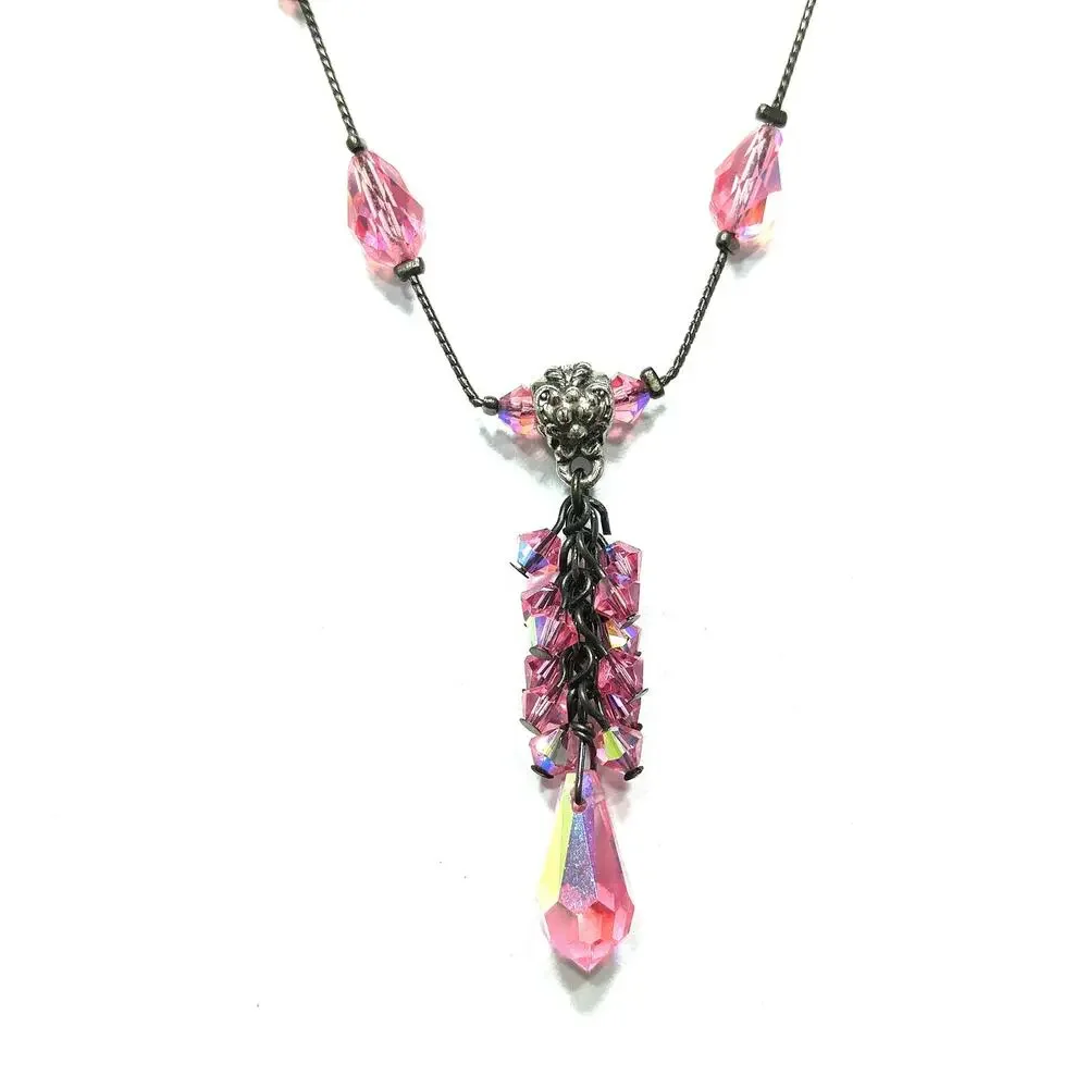 Dabby Reid Pink Swarovski Crystal Necklace, AB Beads, Dark Chain Vintage Jewelry